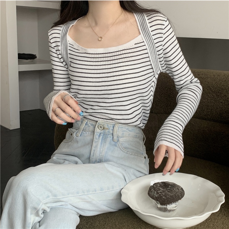ZHELIHANGFEI Áo Len Tay Dài Kẻ Sọc Giả Hai Lớp Dáng Ôm Thời Trang Cho Nữ