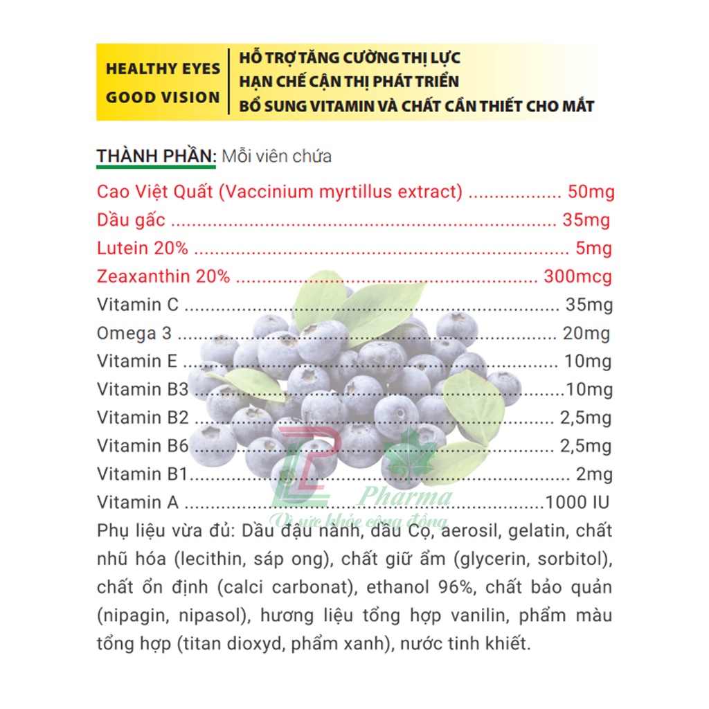 Viên Sáng Mắt TOBI GOLD LP PHARMA - Giúp bổ mắt, giảm đau mỏi, khô mắt, ngăn ngừa cận thị Hộp 60 viên