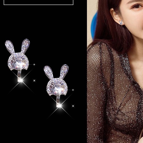 Khuyên tai JIUDUOLAN mạ bạc thiết kế thỏ đính đá zircon thời trang tinh tế dễ thương dành cho nữ