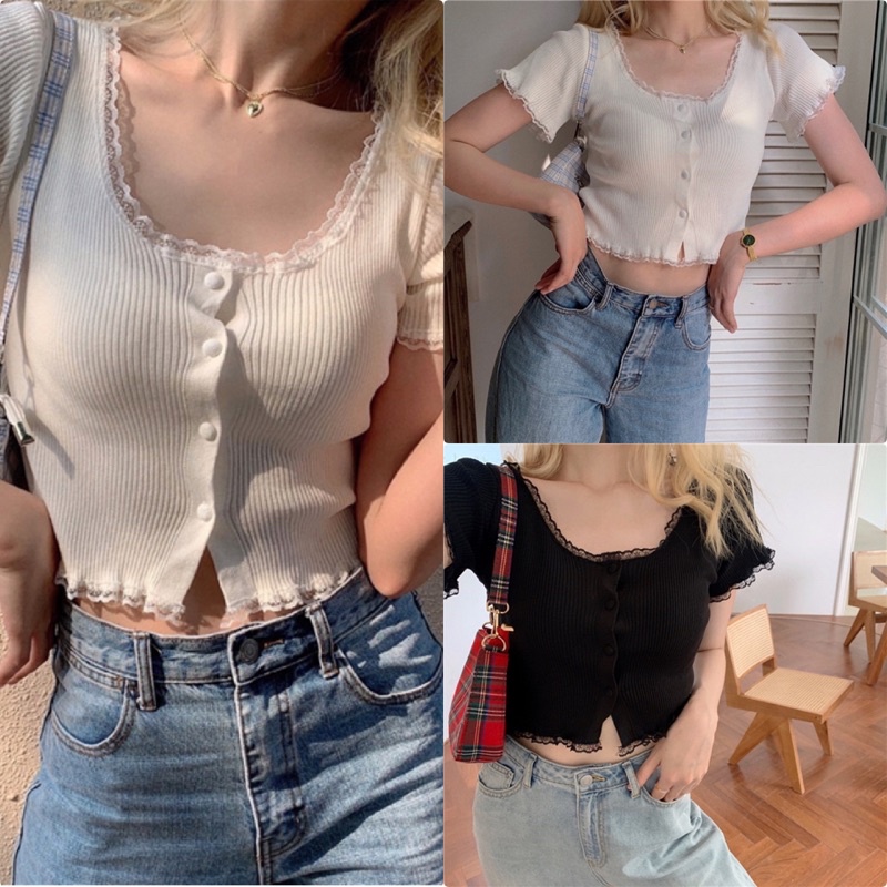 Áo Croptop Bozip Viền Ren Siêu Xinh alohashop91