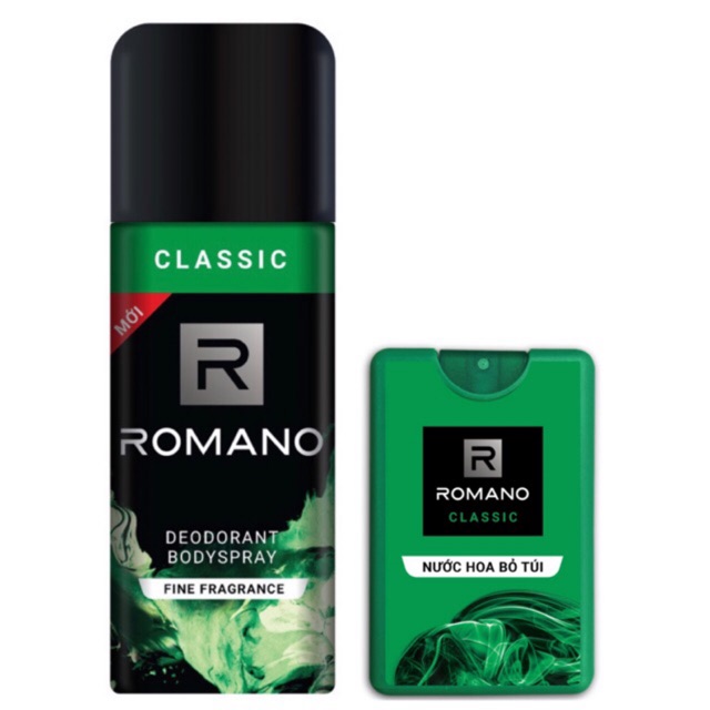 Combo Xịt khử mùi toàn thân cho nam Romano Classic 150ml+ Nước hoa bỏ túi Classic 18ml