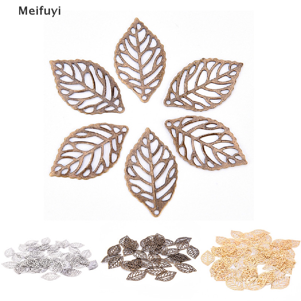 [Meifuyi] 50PCS Charm Filigree Hollow Leaves Pendant DIY Jewelry Making Leaves Metal Craft COD
