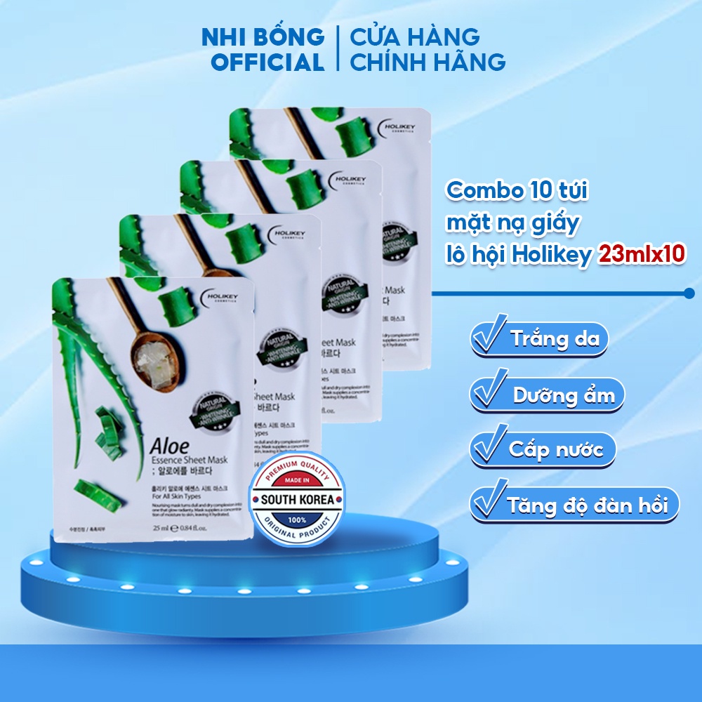 Hộp 10 Túi Mặt Nạ Giấy Dưỡng Da Chiết Xuất Từ Lô Hội Cấp Ẩm & Làm Trắng Holikey Hàn Quốc Giúp Da Mềm Mịn Và Trắng Sáng