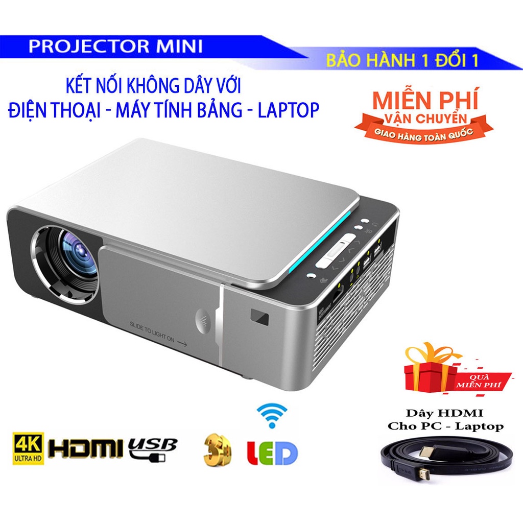 Máy chiếu KẾT NỐI KHÔNG DÂY T6 Có Độ Phân Giải Full HD 1080P. Tặng kèm dây HDMI và dây Audio 3.5