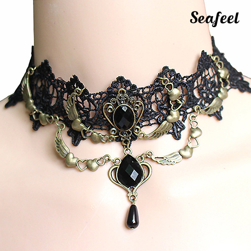 SF Vòng Cổ Choker Ren Hoa Đính Đá Hình Giọt Nước Phong Cách Gothic Cho Nữ