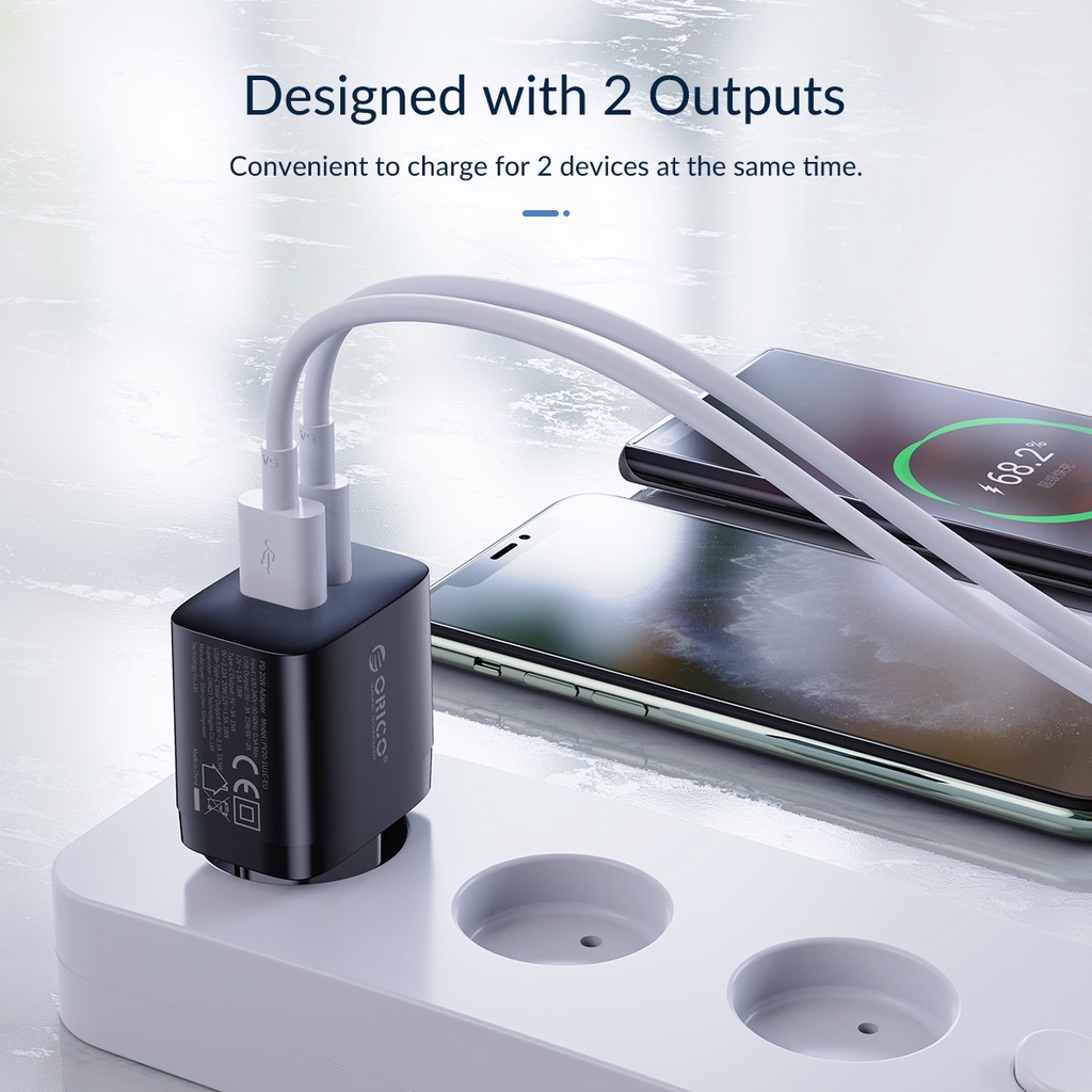 Củ Sạc Nhanh Orico (PV20-1U1C) 20W QC 3.0 Cổng EU Hỗ Trợ Sạc Nhanh 2 cổng Type-C - Hàng Chính Hãng