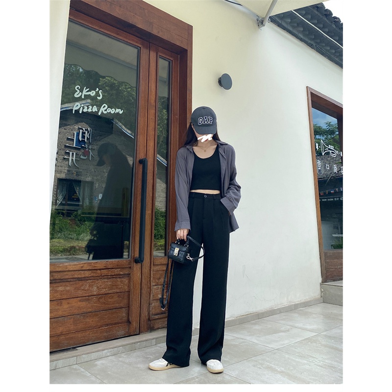 Quần ống rộng lưng cao màu sắc đơn giản phong cách Hàn Quốc độc đáo