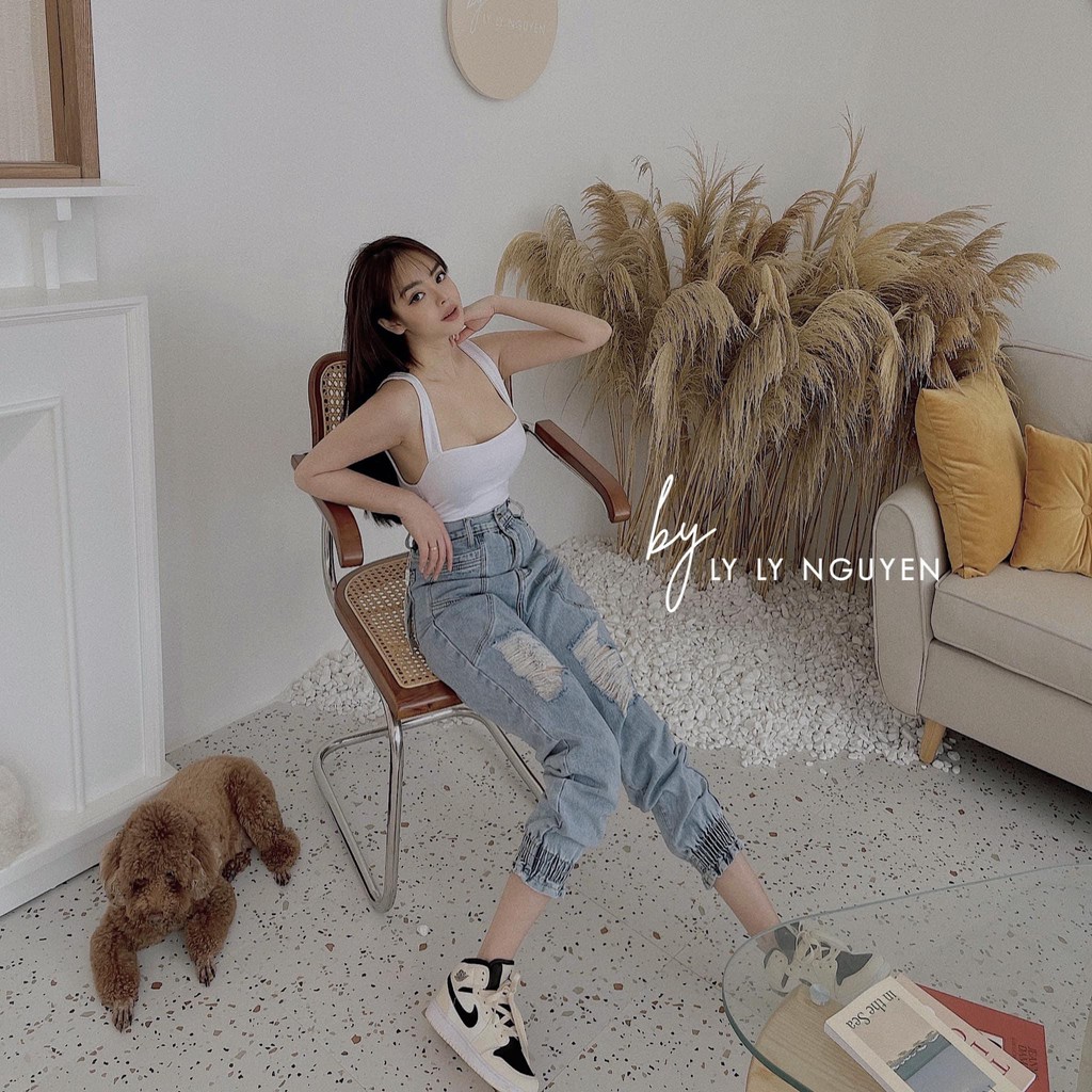 Quần Jeans Nữ Cạp Cao Dáng Jogger Bo Gấu Rách Siêu Hot