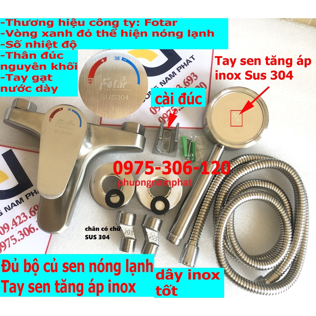 Bộ Củ Sen Tắm NÓNG LẠNH 100% INOX 304 và Tay Sen Tăng áp inox và Dây đủ bộ N2002 Fotar