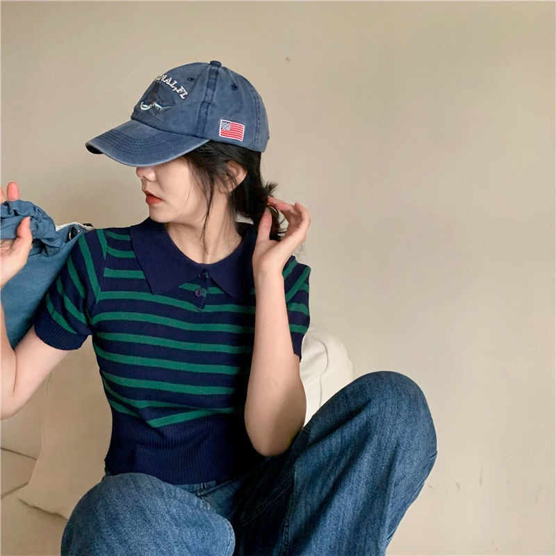 Áo Thun Dệt Kim Ngắn Tay Họa Tiết Kẻ Sọc Thời Trang Phương Tây Mới 2022 Cho Nữ