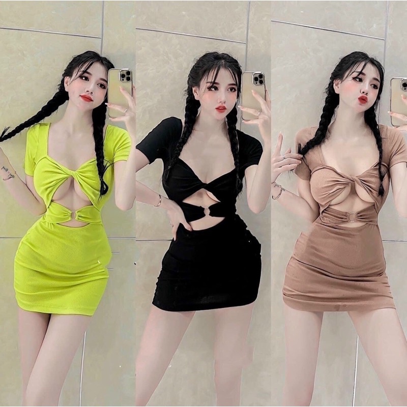 Đầm Body Gân Khoét Xoén Ngực Khoen Tay Con