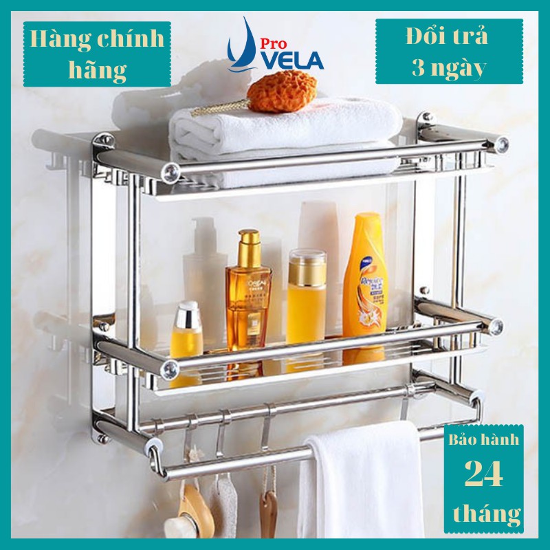 Kệ phòng tắm đa năng inox 304 để dầu gội đầu sữa tắm có thanh vắt khăn và móc treo đồ dính tường tiện lợi