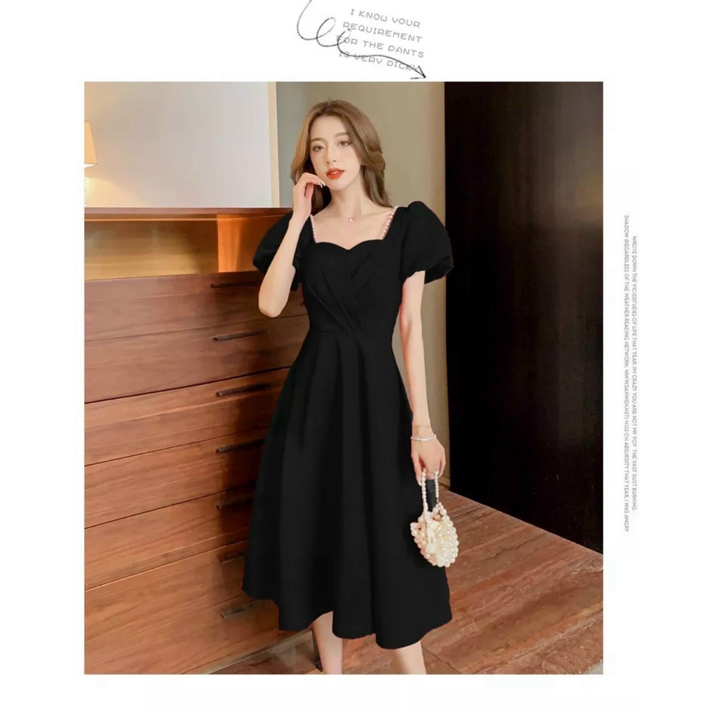 Đầm thời trang nữ mặc dự tiệc sang trọng chất for tay búp cổ v chéo váy dài xoè suông xếp ly