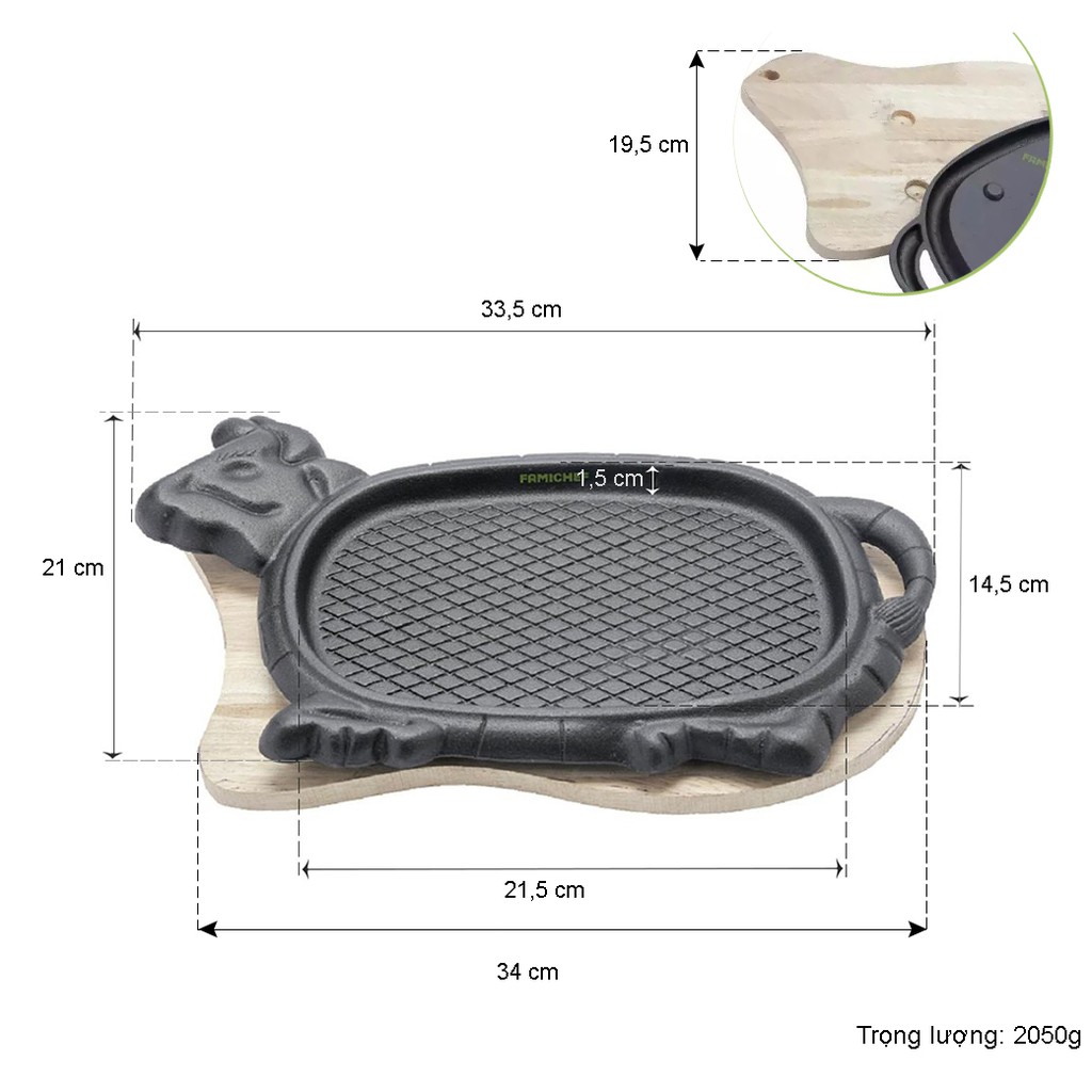 Chảo gang chống dính kèm đế gỗ làm bò bít tết Dragon D008 - Loại lớn