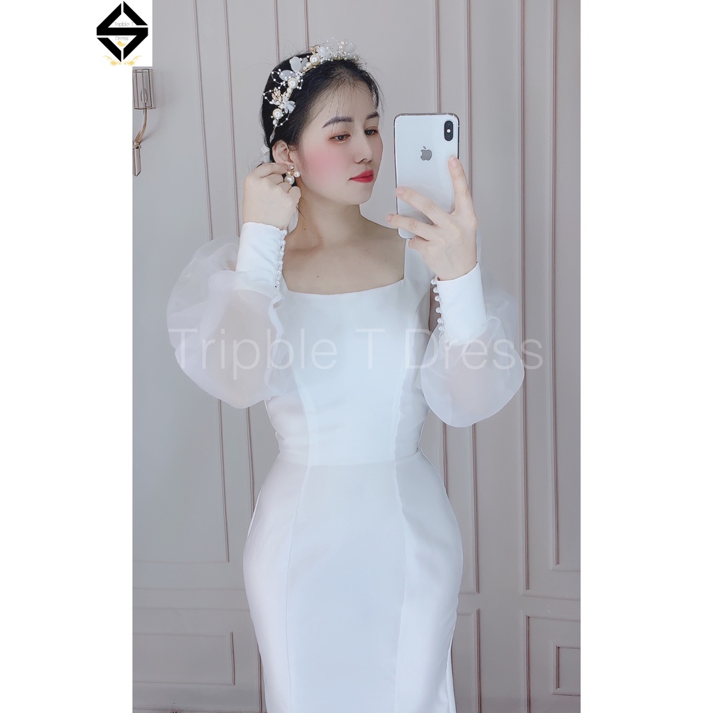 Đầm body đuôi cá mặc cướiTRIPBLE T DRESS tay dài phồng hở lưng phối chuỗi ngọc - size S/M/L -MS166Y