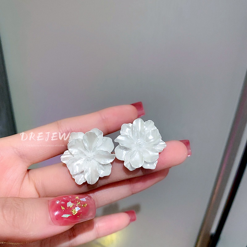 DREJEW Khuyên tai hình hoa trà bằng nhựa resin bạc 925 phong cách Nhật Hàn độc đáo thời trang