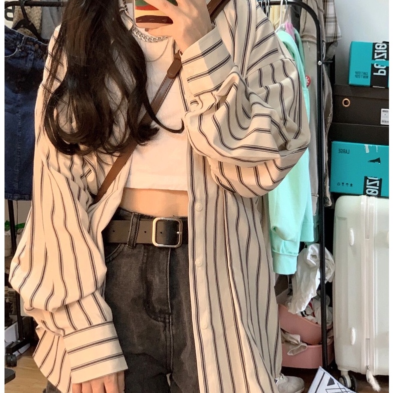 Áo sơ mi ZHELIHANGFEI tay dài dáng rộng họa tiết kẻ sọc thời trang dễ phối đồ cho nữ