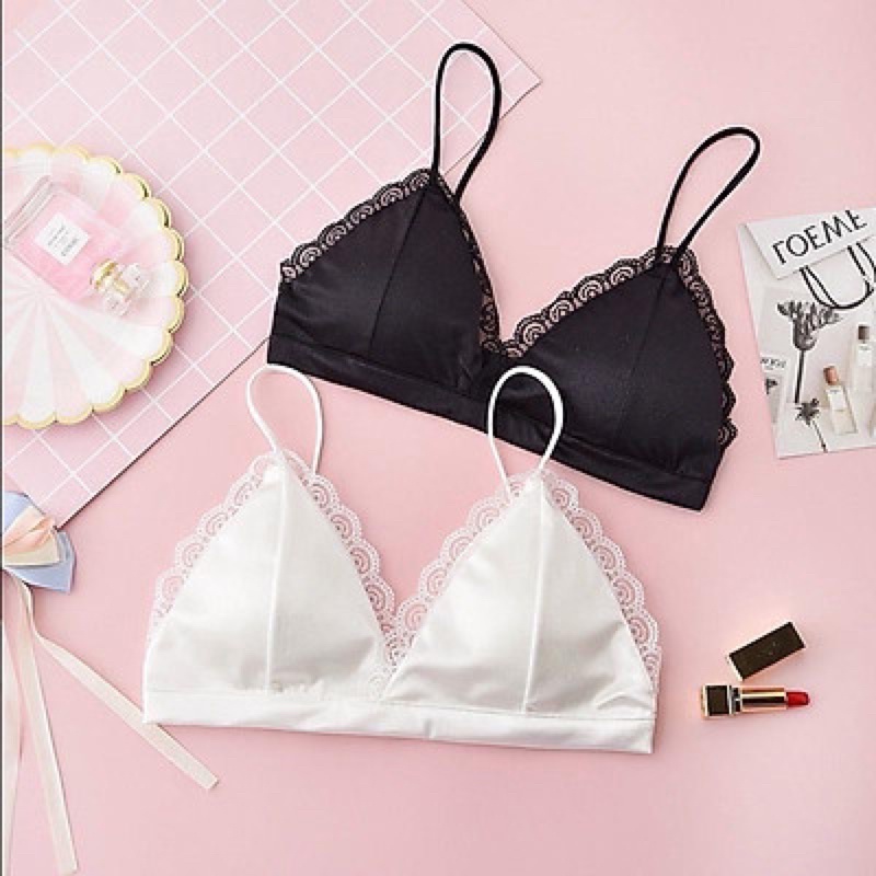 Áo lót bralette satin trơn viền ren