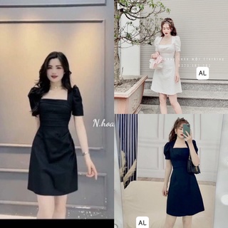 Váy cổ vuông tay bồng rúm sườn 2 màu