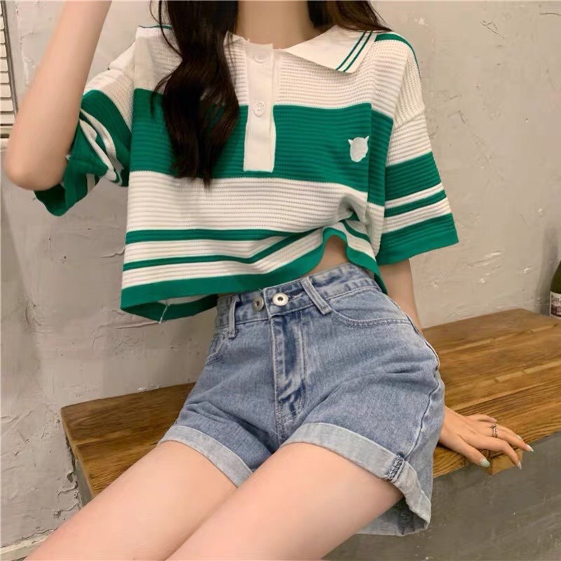Áo croptop cổ bẻ phối màu, áo len kẻ ngang dáng ngắn năng động