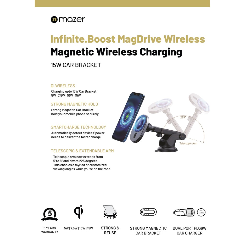 Giá Đỡ Sạc Không Dây ô tô Mazer 15W Infinite.BOOST MagDrive Wireless Car Bracket - Hàng Chính Hãng