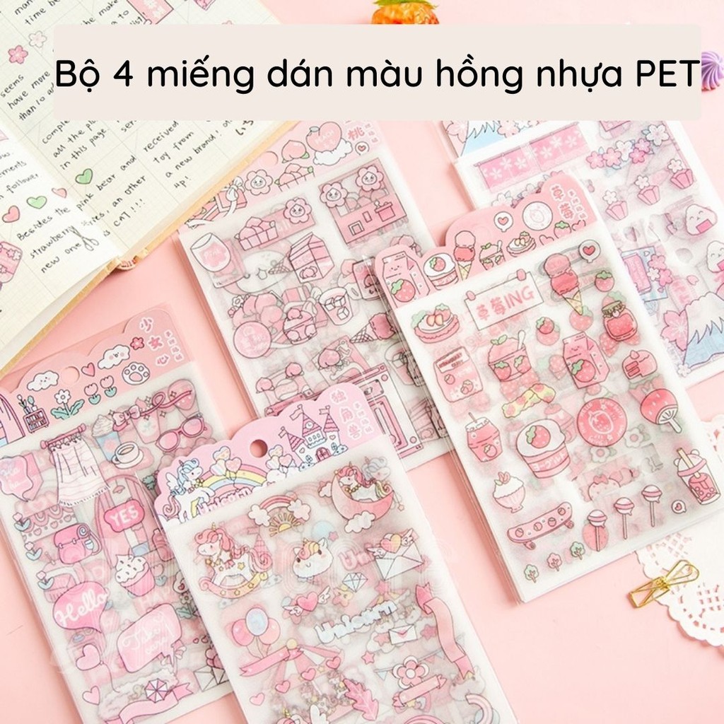 Bộ 4 miếng dán hoạt hình họa màu hồng chất liệu PET trang trí văn phòng phẩm / sổ lưu niệm DIY ST10