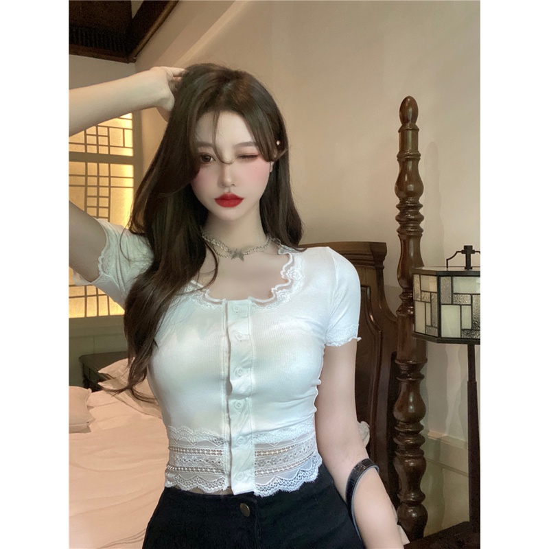 Cocory vn Áo croptop tay ngắn dáng ôm phối ren hoa thời trang quyến rũ cho nữ