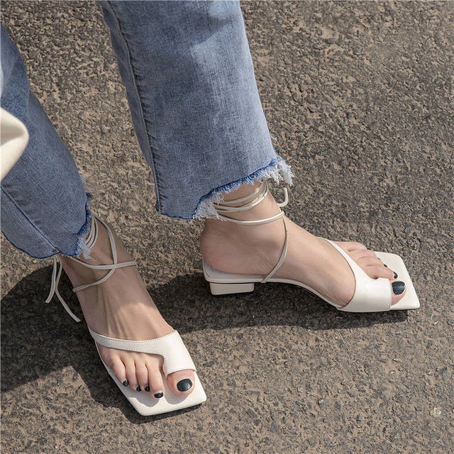 guốc sandal gót vuông 5cm mũi hở dây quấn cổ chân Minhtuyethoes-Giày nữ kiểu chiến binh mẫu mới 2022