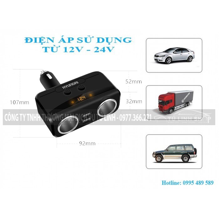 Bộ chia 2 cổng tẩu, 2 cổng usb chính hãng Hyundai hy-32 hiển thị điện áp ô tô