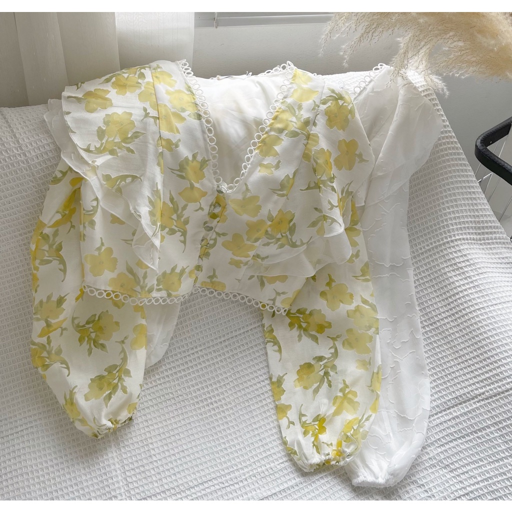 Áo croptop vải voan tay phồng in hoa kiểu Hàn Quốc xinh xắn cho nữ Aosmcrtvoanto6808