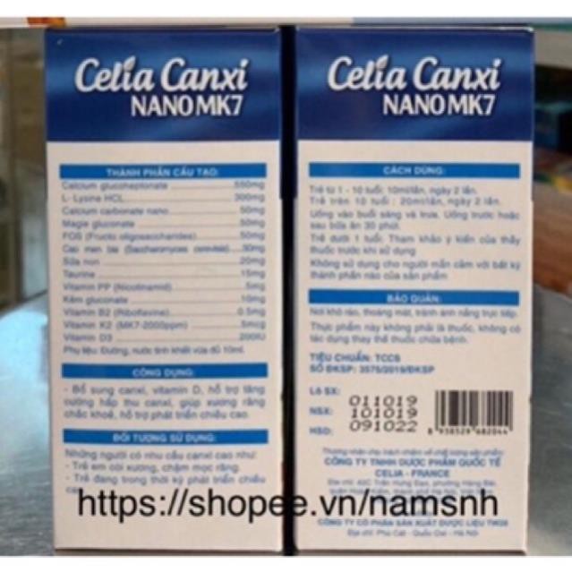 Celia Canxi Nano MK7 Bổ sung canxi vitamin D3 cho cơ thể hỗ trợ sự phát triển chiều cao hộp 20 ống