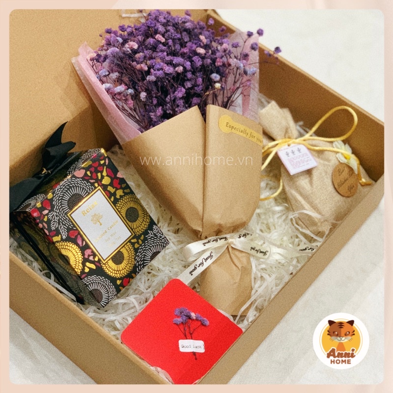 Quà tặng cao cấp Anni Home- Giftset với bó hoa khô baby, nến thơm cao cấp và túi thơm Lavender