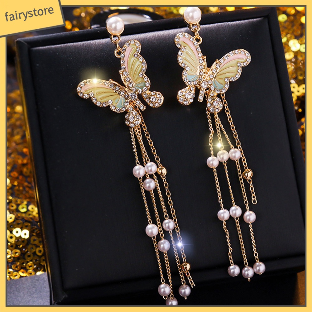 Bông Tai Dáng Dài Hình Bướm Đính Đá Lấp Lánh