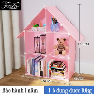 Kệ sách lắp ghép 6 ô kiểu mới hình ngôi nhà khung nhựa hồng phối tấm lưới sắt A93420
