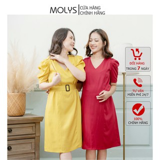 Đầm bầu thiết kế có khóa cho con ti, vắt sữa nơi công sở MOLYS M2251 dáng suông tay xếp ly bồng, có đai lưng dời