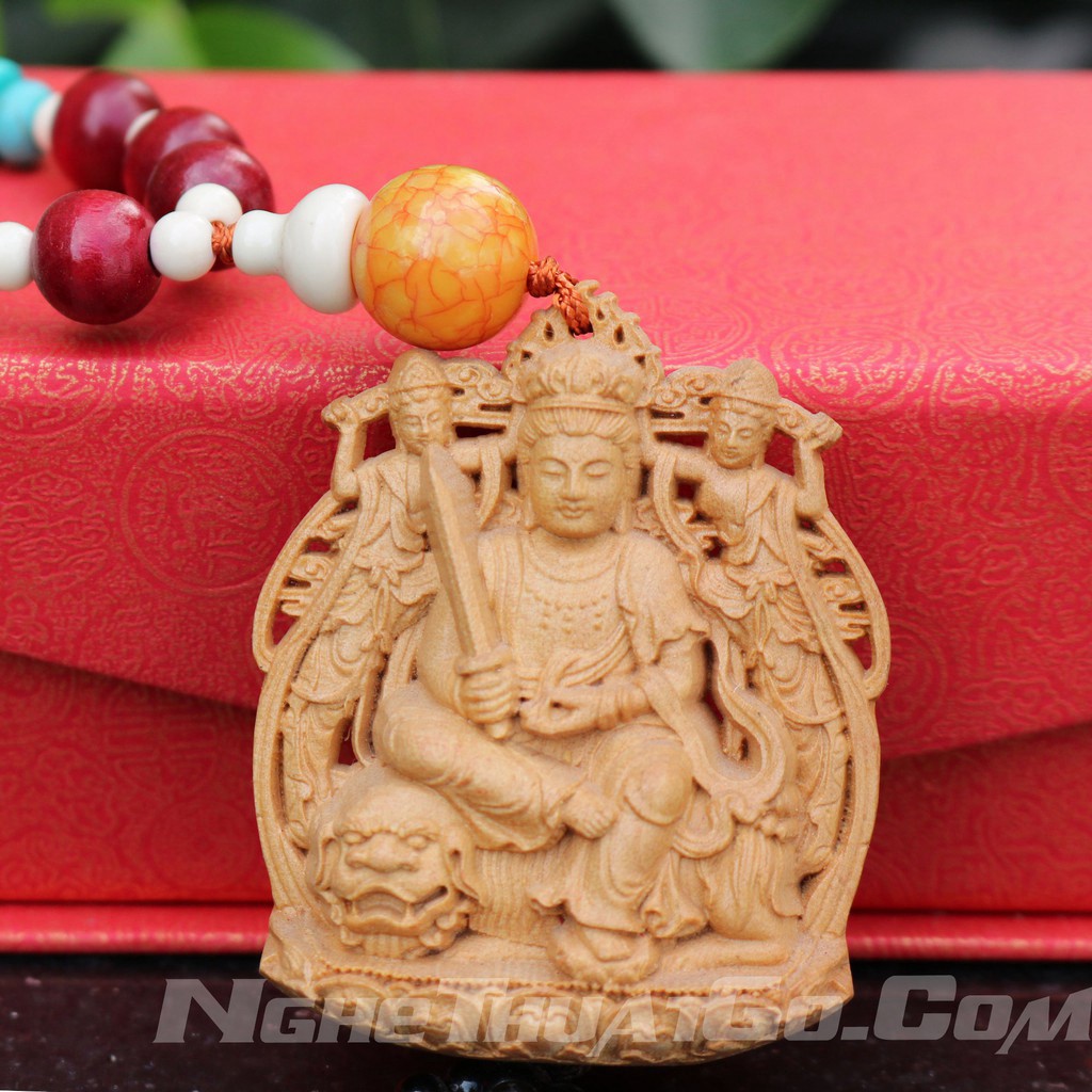 Dây treo xe ô tô tượng Phật Văn Thù Bồ Tát bằng gỗ Hoàng Dương- TẶNG 1 VÒNG ĐEO TAY -TẶNG VÒNG ĐEO TAY