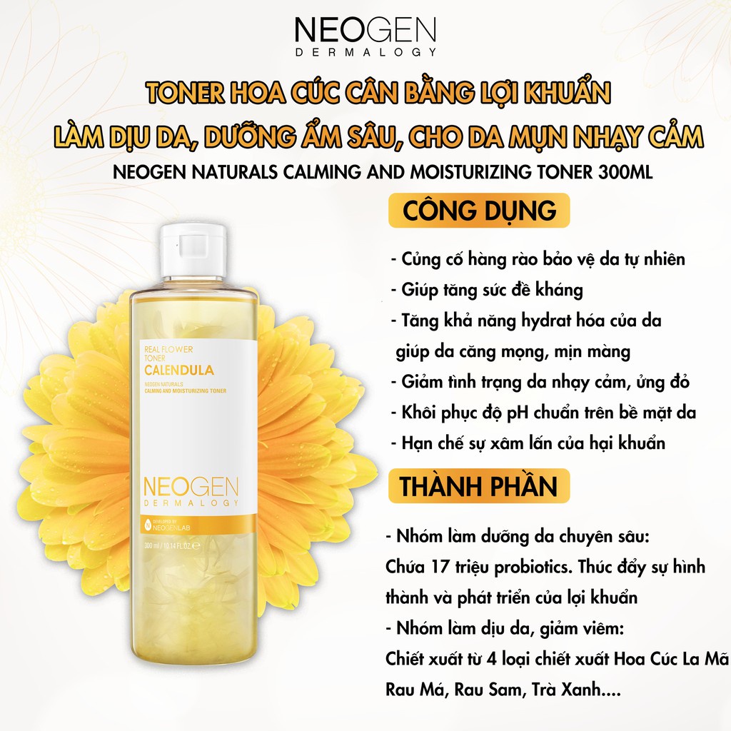 Nước Hoa Hồng Toner Hoa Cúc Cân Bằng Làm Dịu Da, Cấp Ẩm Cho Da Mụn Neogen Calendula 300ml