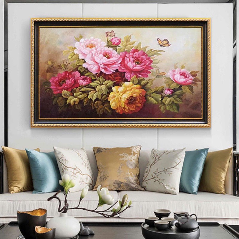 Tranh thêu chữ thập hoa mẫu đơn sơn dầu - 60x85cm - 9CT thêu 4 sợi