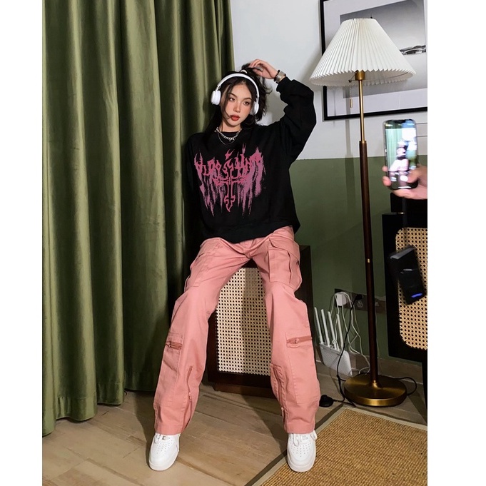 FOCUS Áo Nỉ nữ harajuku retro đen bigsize Ulzzang áo dài tay unisex 100%cotton