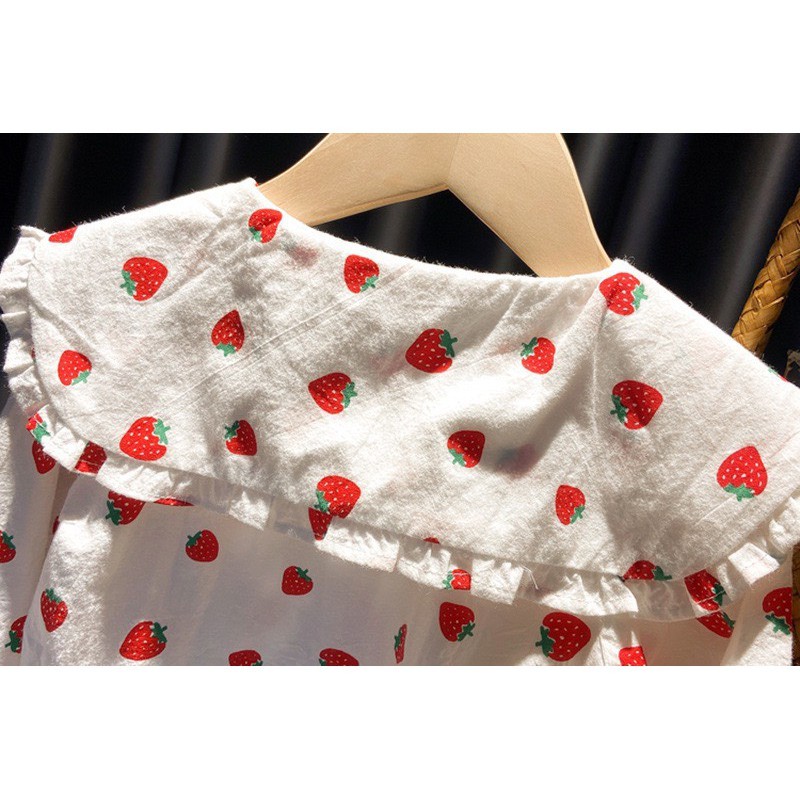 AG02 - Áo sơ mi cổ tròn bé gái, áo kiểu tiểu thư, họa tiết dâu tây  - Richkid123