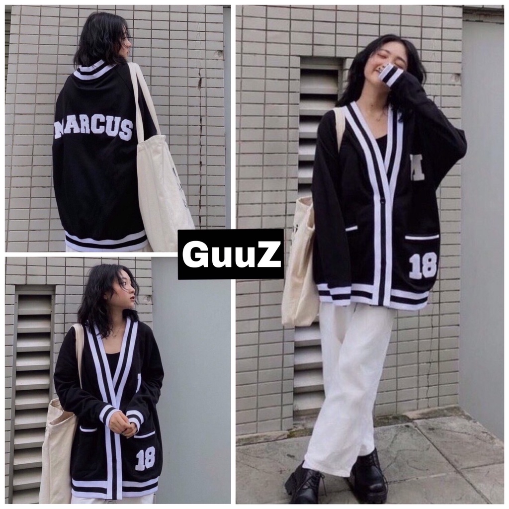 Áo cardigan nữ họa tiết chữ MARCUS 18 [FREESHIP] Áo khoác unisex viền trắng chất nỉ cotton dáng rộng cá tính GuuZ