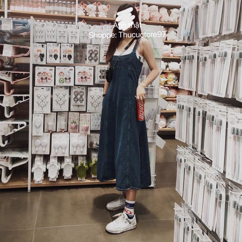 Yếm jeans dáng dài Thucucstore Đầm jeans midi hai dây phong cách Hàn Quốc hàng chuẩn Y01 (kèm ảnh thật) | BigBuy360 - bigbuy360.vn