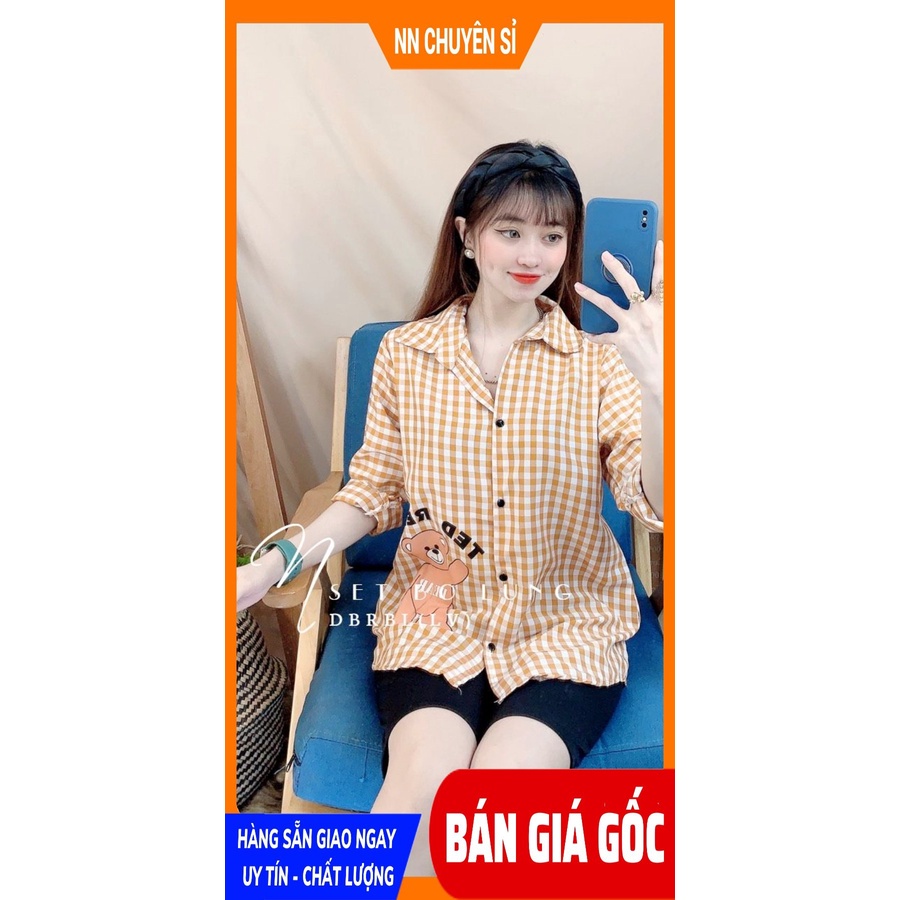 Đồ bộ ngố lửng phối sơ mi caro in gấu dễ thương chất vải mềm mát DBRBLCT