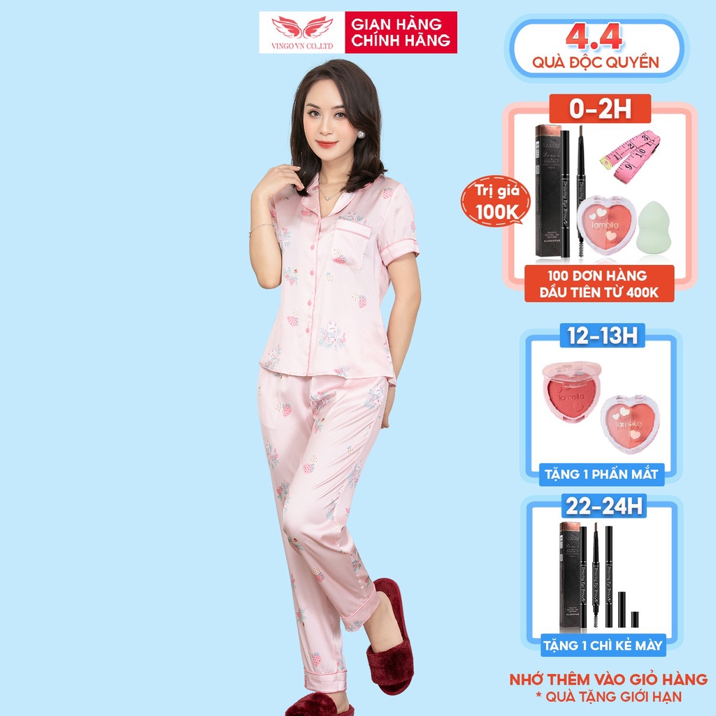 Đồ Bộ Ngủ Nữ Pijama Mặc Nhà VINGO Tay Ngắn Quần Dài Lụa Pháp Cao Cấp Họa Tiết Dâu Hồng Ngọt Ngào Thu Đông H206 - VNGO