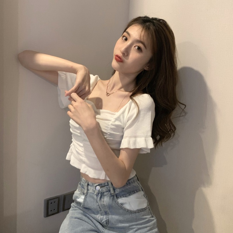 Áo thun COZOK dệt kim tay ngắn cổ vuông hở rốn dáng ôm thời trang cho nữ