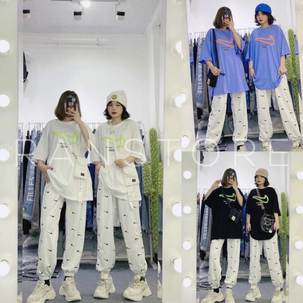 Set áo thun tay lỡ form thụng ulzzang kèm quần jogger NI vảy ống rộng/ Set bộ thể thao thời trang nữ_ranstore