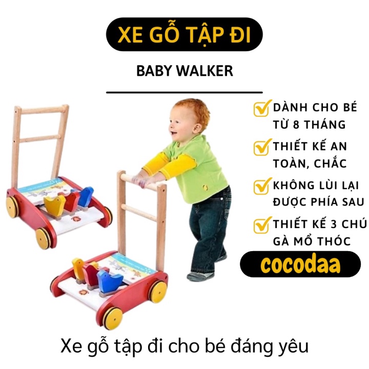 Xe Gỗ Tập Đi - Xe Đẩy Cho Bé Tập Đi Hình 3 Con Gà Âm Thanh Vui Nhộn 10406 [FREESHIP]