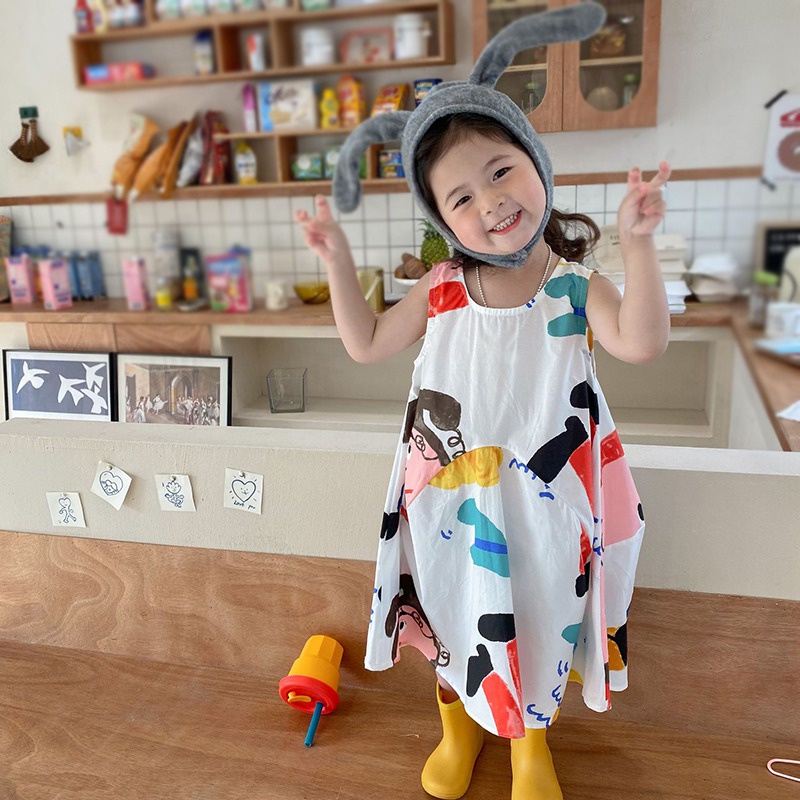 Đầm Công Chúa Sát Nách Cổ Tròn In Họa Tiết Hoạt Hình Kiểu Hàn Quốc Thời Trang Mùa Hè Cho Bé