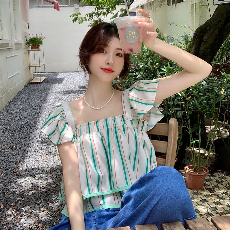 Jiashucheng Áo Sơ Mi Ngắn Tay Ống Bay Họa Tiết Kẻ Sọc Thời Trang Mùa Hè Kiểu Pháp Có Thể Tháo Rời Cho Nữ