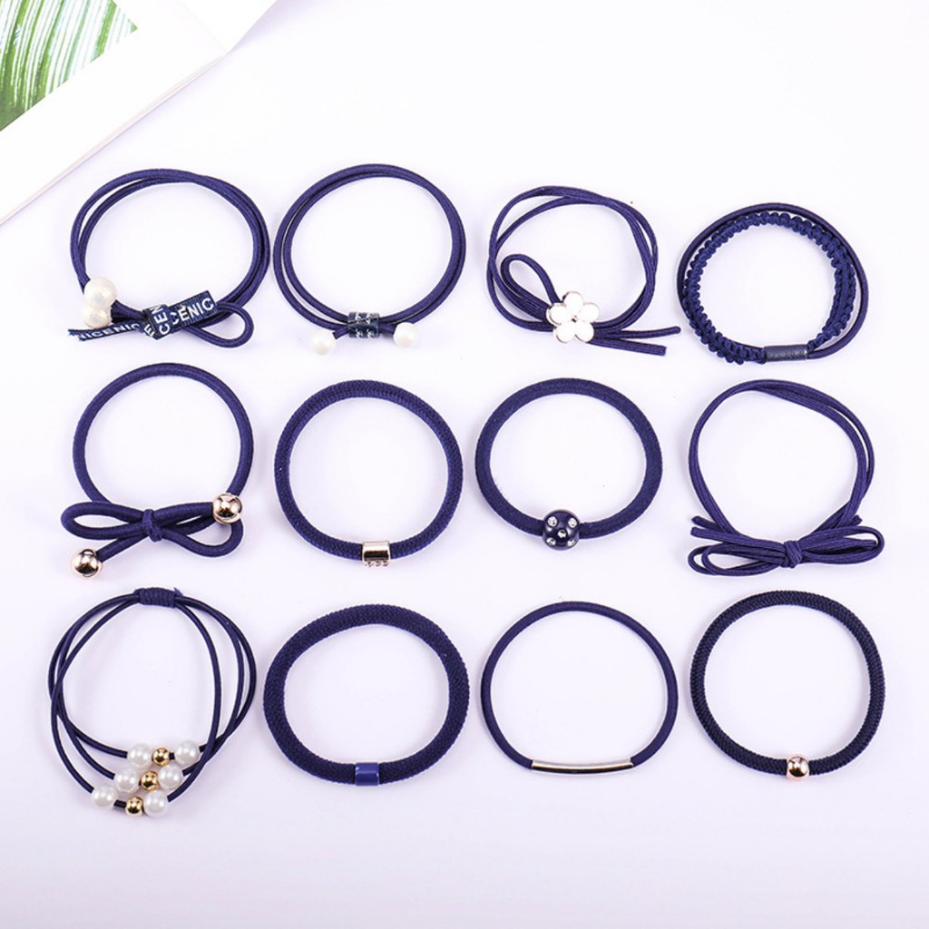 Set 12 thun cột tóc Hàn Quốc dễ thương - Gồm hộp - Xanh hải quân